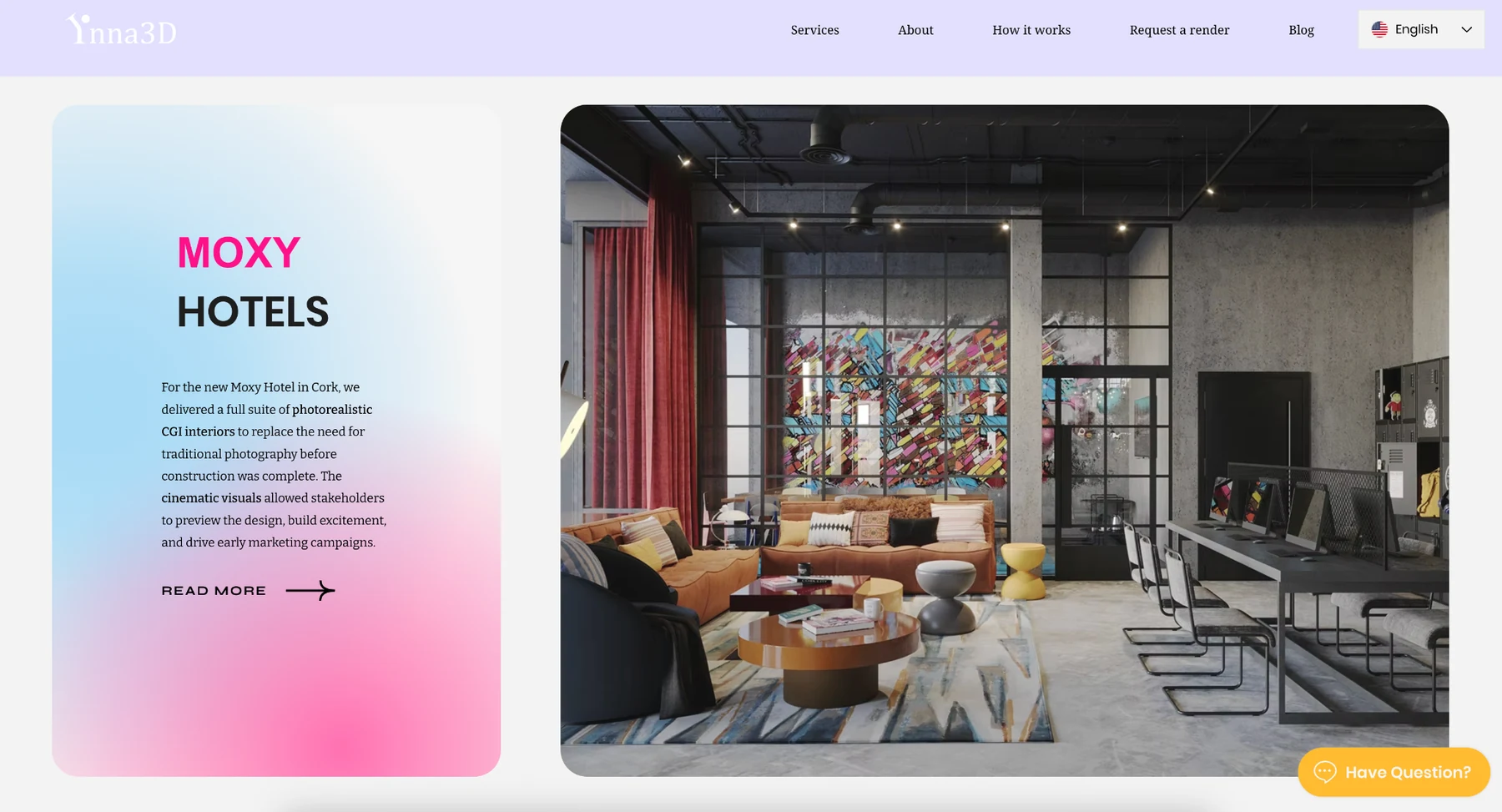 INNA3D website showing the Moxy Hotels project, interior visualisation and site navigation