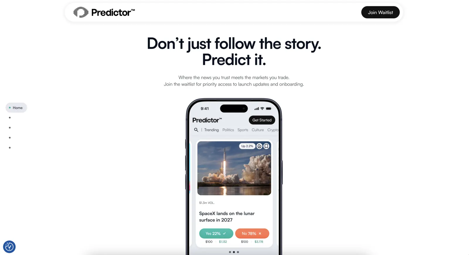 Predictor homepage with its news and event-markets product